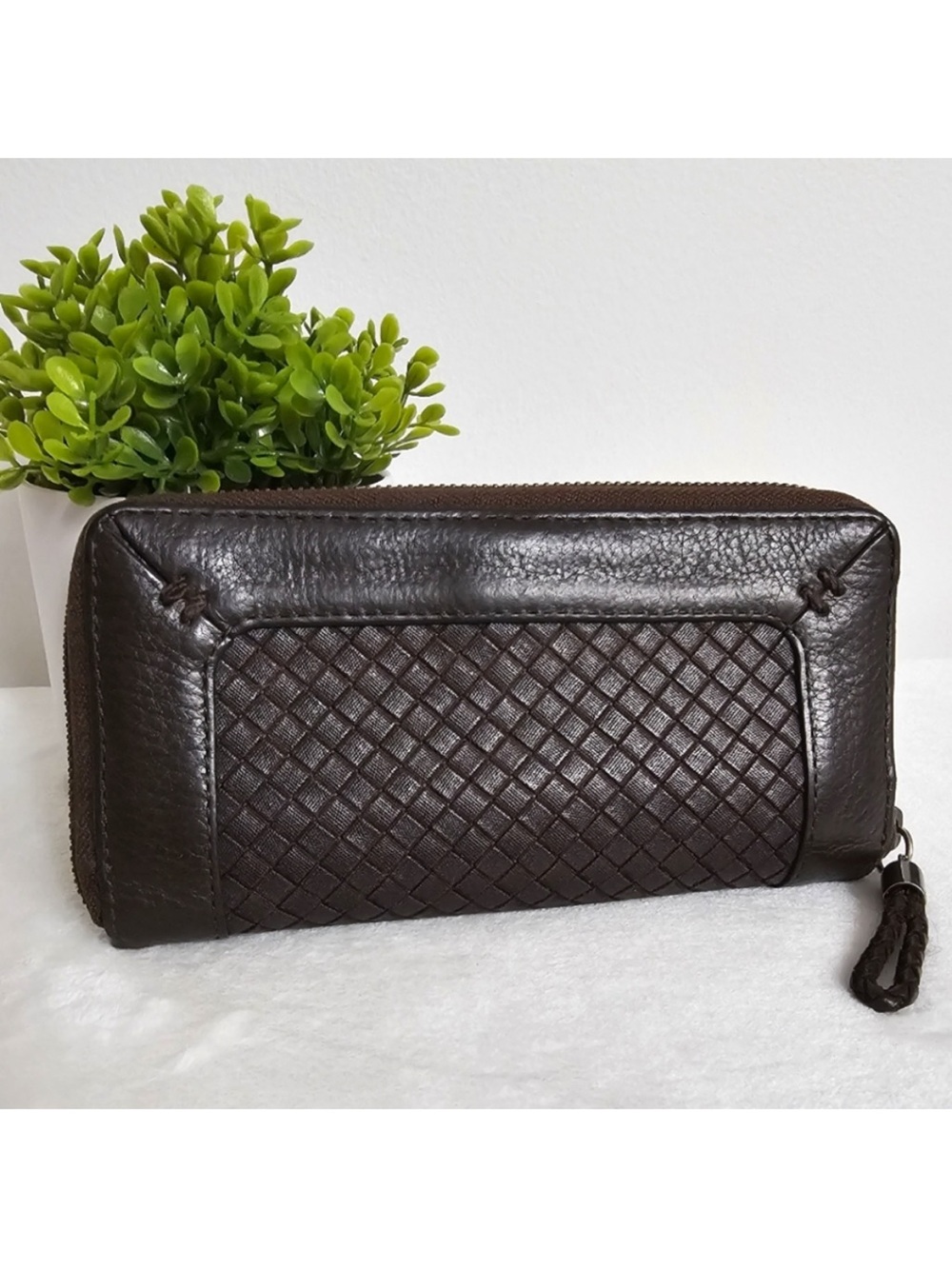 The Sak Brown Woven Leather Wallet with Zip Closure 8X4